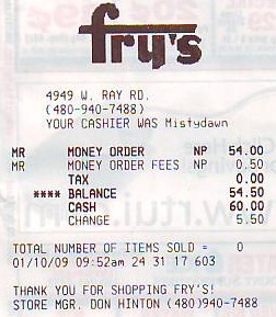 receipt from frys for money order