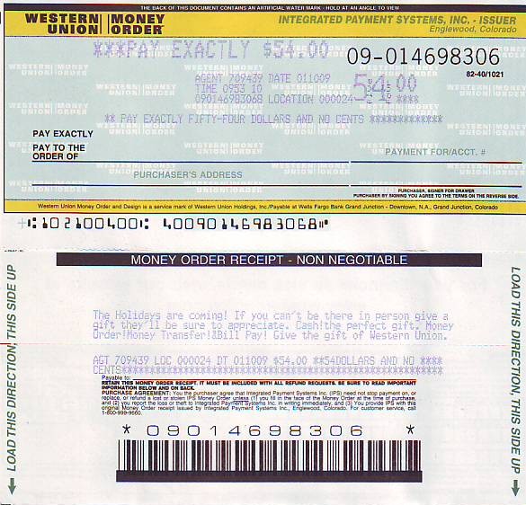 Money Order To Pay Off PO Box 27421 Tempe Az 85285